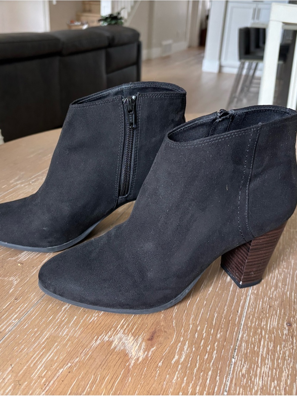 Black Faux Suede Block Heel Ankle Boots - Women's